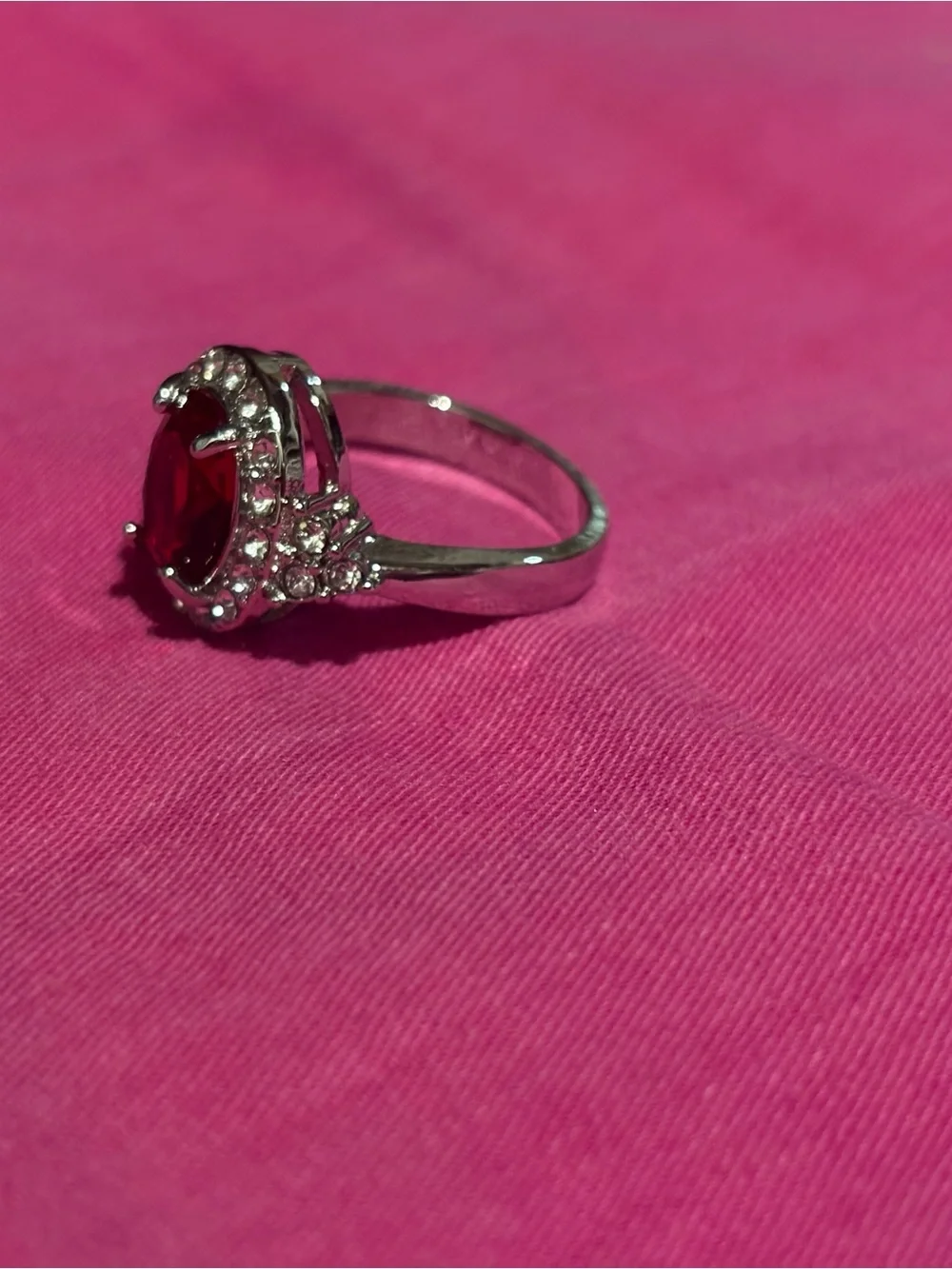 Size 7 Red Oval Halo Ring with Clear Accents - Women Jewelry